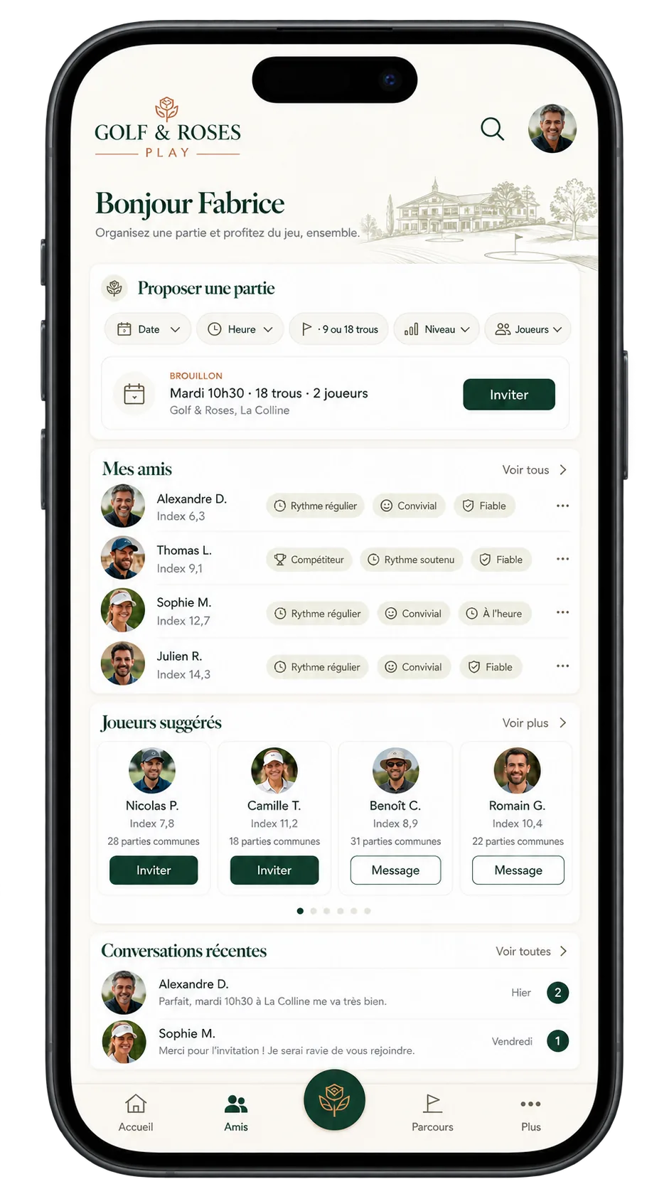 Aperçu non contractuel de G&R Play sur iPhone 17 : organisation de parties, amis et conversations